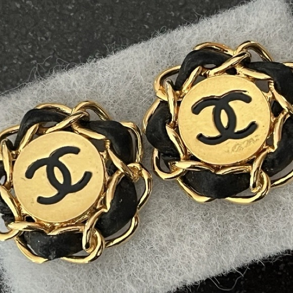 CHANEL Jewelry - CHANEL vintage double c logo Gold Tone  &  Black lambskin leather chain Earrings
